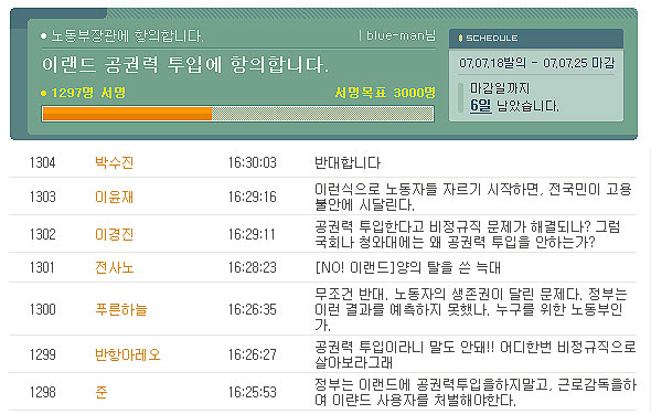[뉴코아 – 이랜드 비정규직 철폐투쟁] \”이랜드 공권력 투입 말라\” 네티즌 청원운동