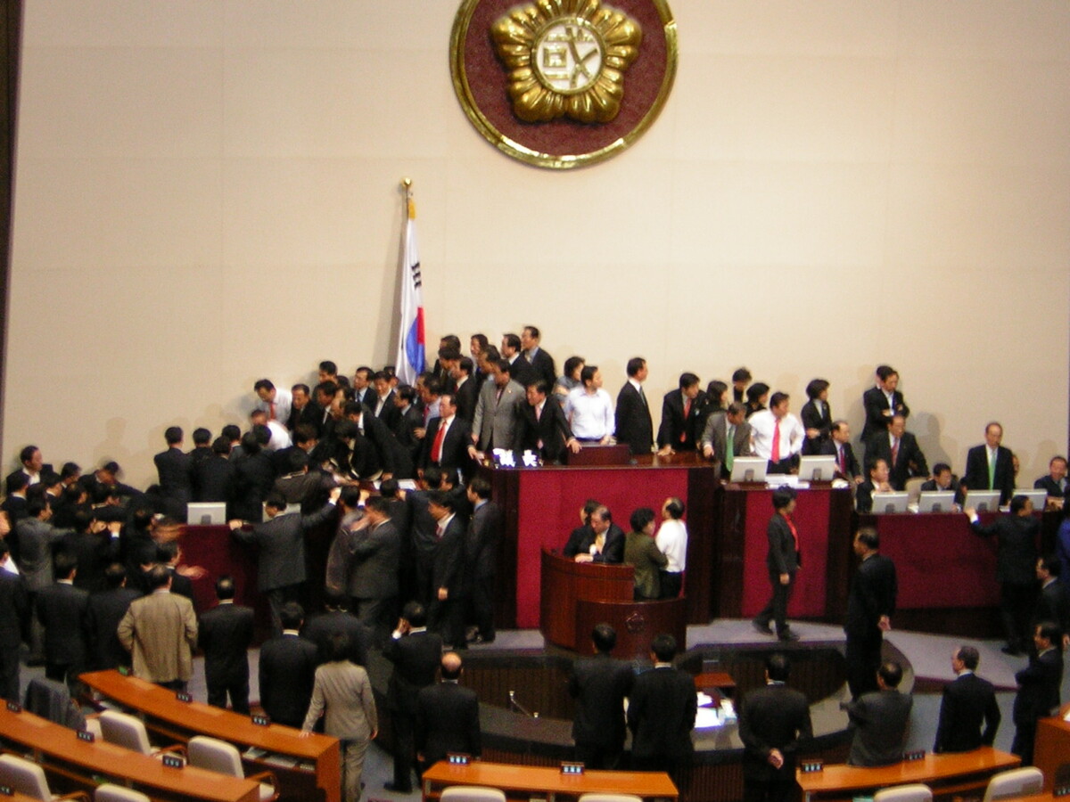 [2007 대통령 선거] ‘몸싸움 국회’ 한나라-신당 본회의장 정문 앞 대치